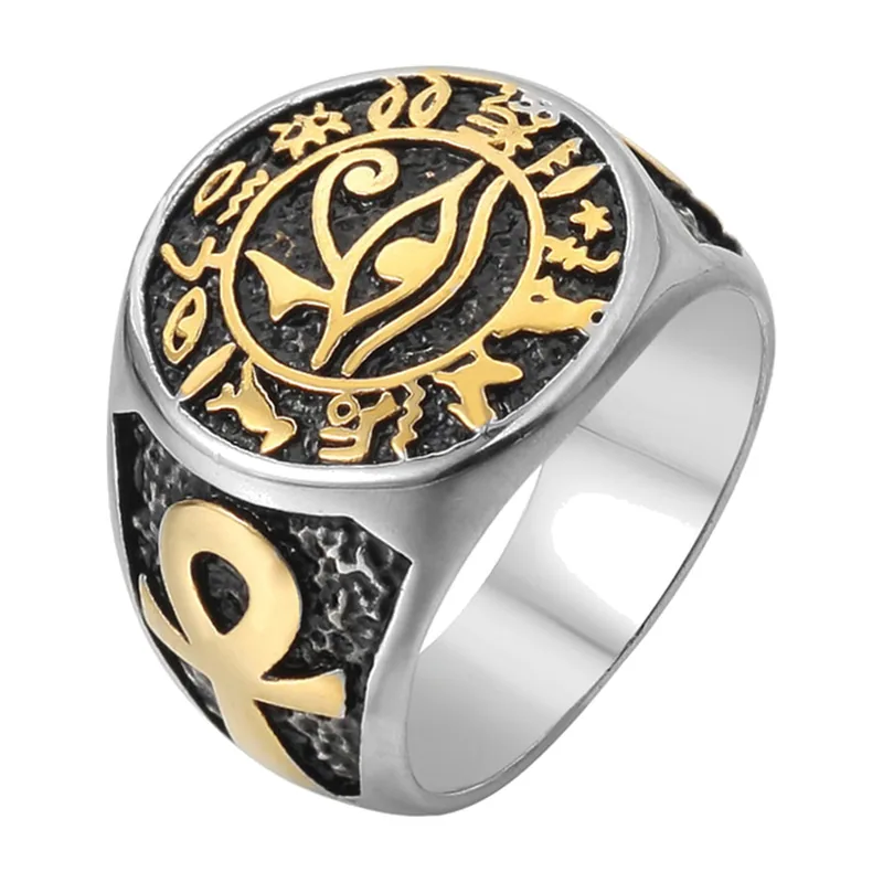 Chevalière Œil d'Horus et Symbole Ankh, Acier Inoxydable