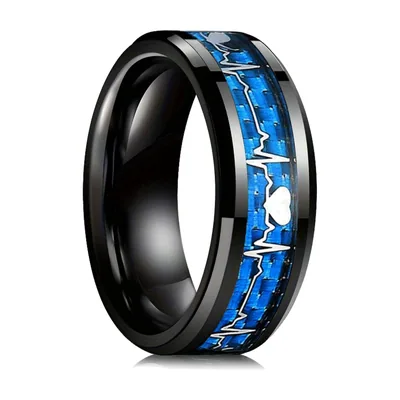 Anello con motivo battito cardiaco e inserto blu, acciaio inossidabile