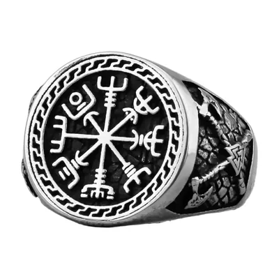 Chevalière Vegvisir Boussole Nordique avec Runes, Acier Inoxydable
