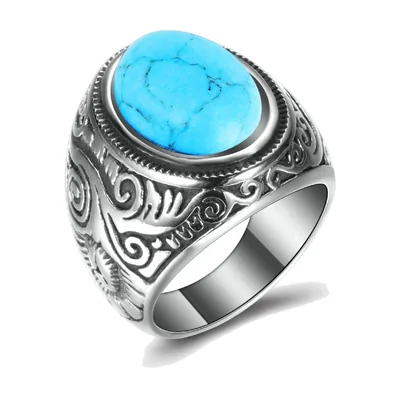 Anillo sello ovalado con piedra azul, acero inoxidable