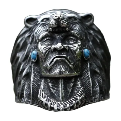 Bague Guerrier Amérindien avec Coiffe d'Ours, Acier Inoxydable