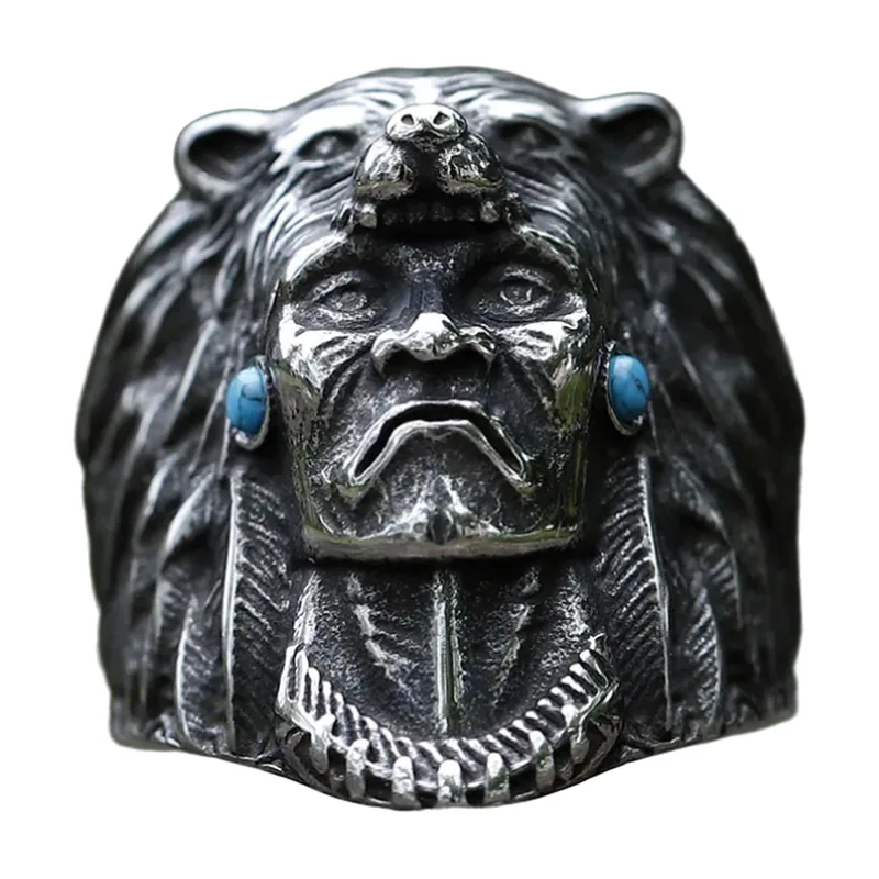 Native American Krieger Ring mit Bärenkopf-Kopfschmuck, Edelstahl