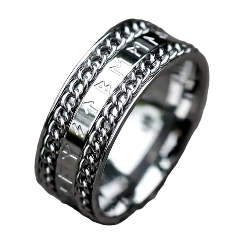 Odin Spinner-Ring mit nordischen Runen und Kette, Edelstahl