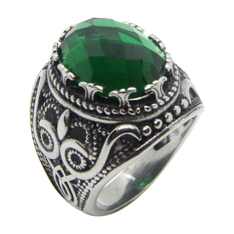 Bague Statement Motif Œil avec Pierre Verte, Acier Inoxydable