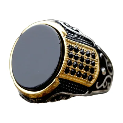 Anillo Sello Redondo con Piedras Negras y Ornamentos, Acero Inoxidable