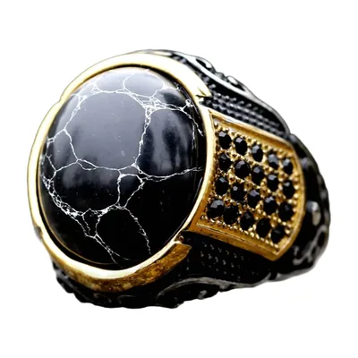 Anillo Sello Ovalado con Piedra Negra y Circonita, Acero Inoxidable