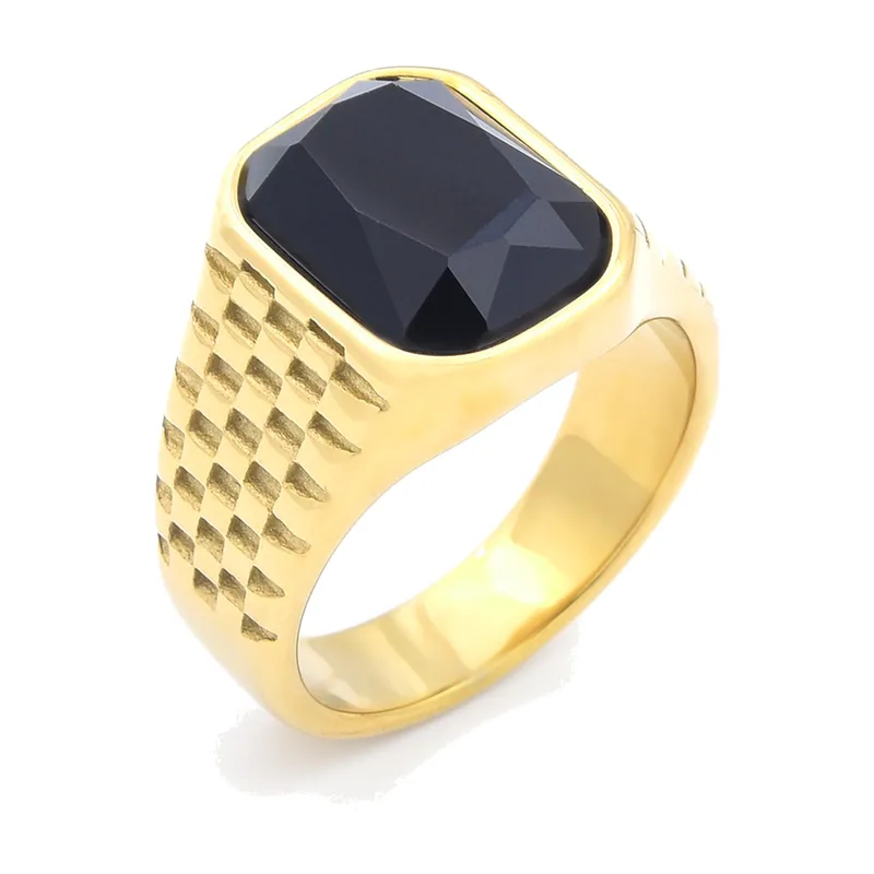Square Signet Ring with Black Stone, Stainless Steel