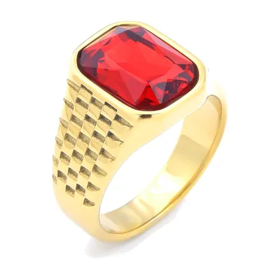 Chevalière carrée avec pierre rouge, acier inoxydable