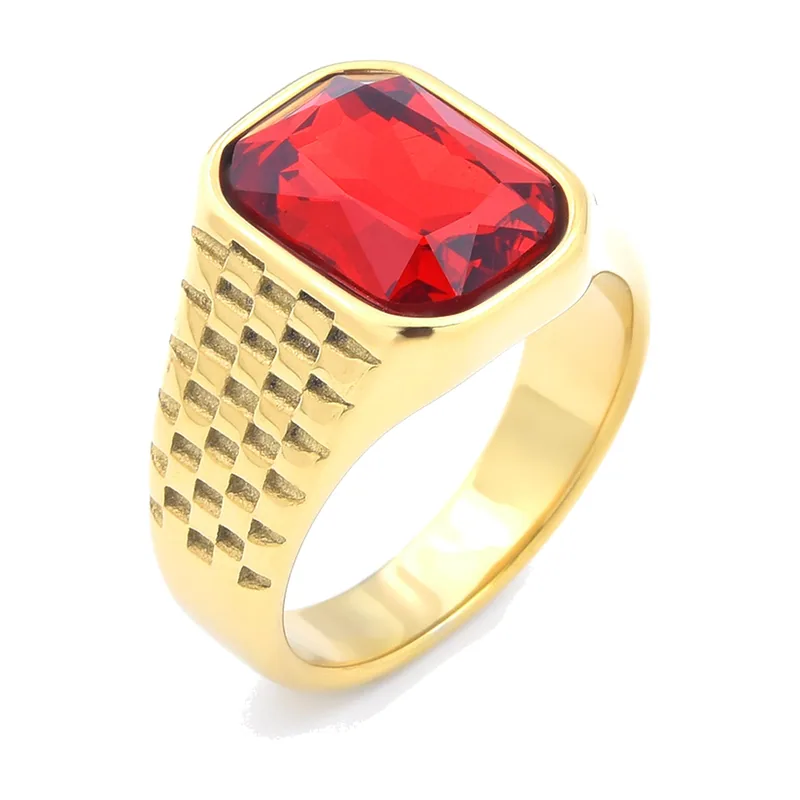 Chevalière carrée avec pierre rouge, acier inoxydable
