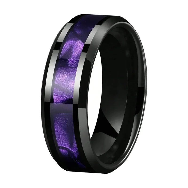 Bague Alliance Polie avec Incrustation Violette, Acier Inoxydable 316L