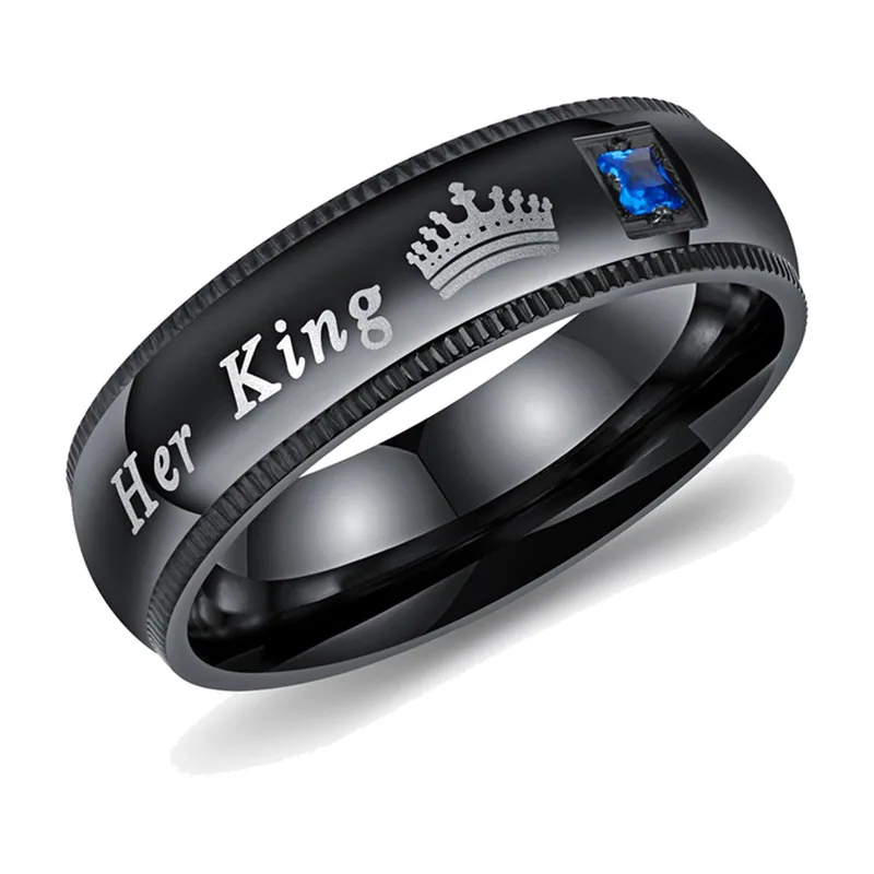 Chevalière Noire avec Zirconia Bleu et Motif Couronne, Acier Inoxydable