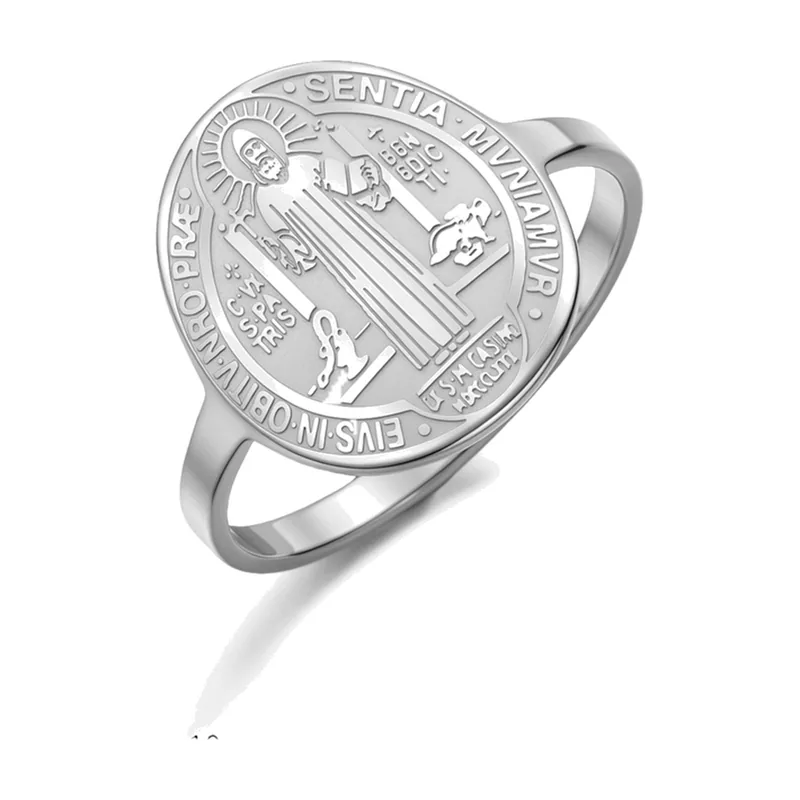 Chevalière avec Médaille de Saint Benoît, Acier Inoxydable