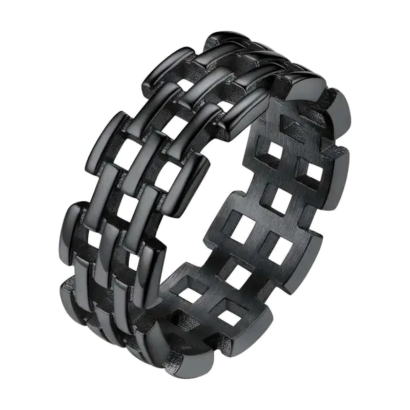 Square Lattice Band Ring, Black Stainless Steel