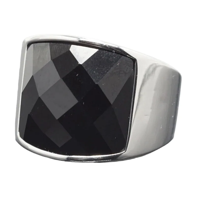 Square Signet Ring with Black Cat's Eye Stone, Stainless Steel