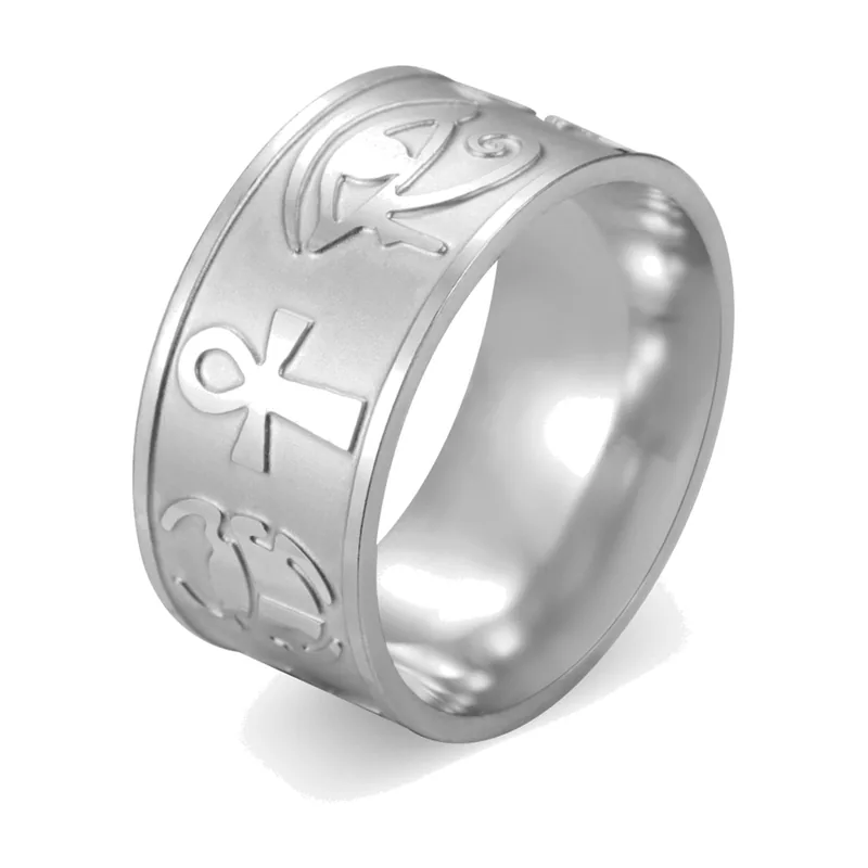 Anillo de Símbolos Egipcios con Ankh y Ojo de Horus, Acero Inoxidable