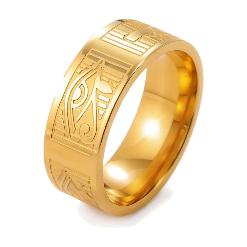Anello Occhio di Horus con simboli egizi antichi, Acciaio Inossidabile
