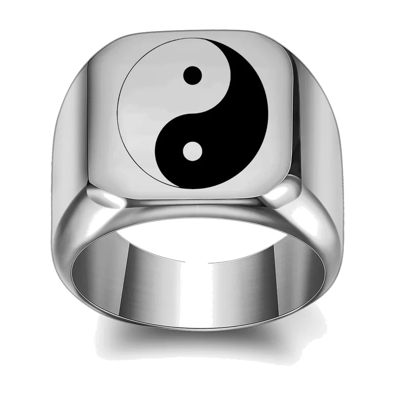 Quadratischer Siegelring mit Yin Yang Symbol, Edelstahl