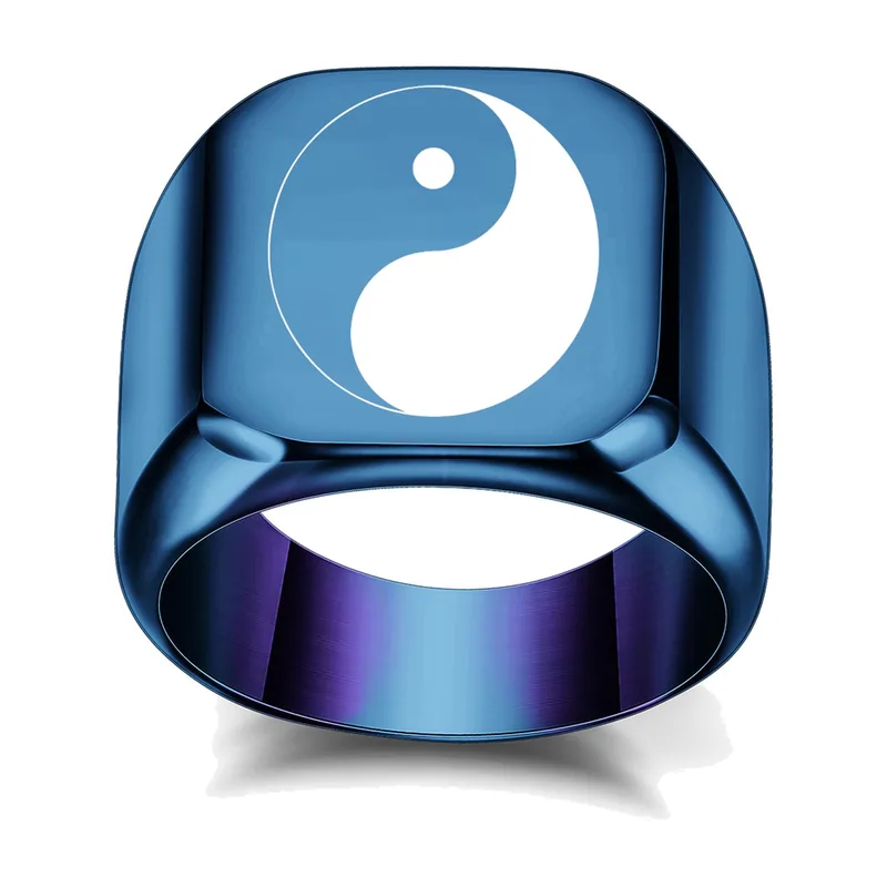 Chevalière Carrée avec Symbole Yin Yang, Acier Inoxydable