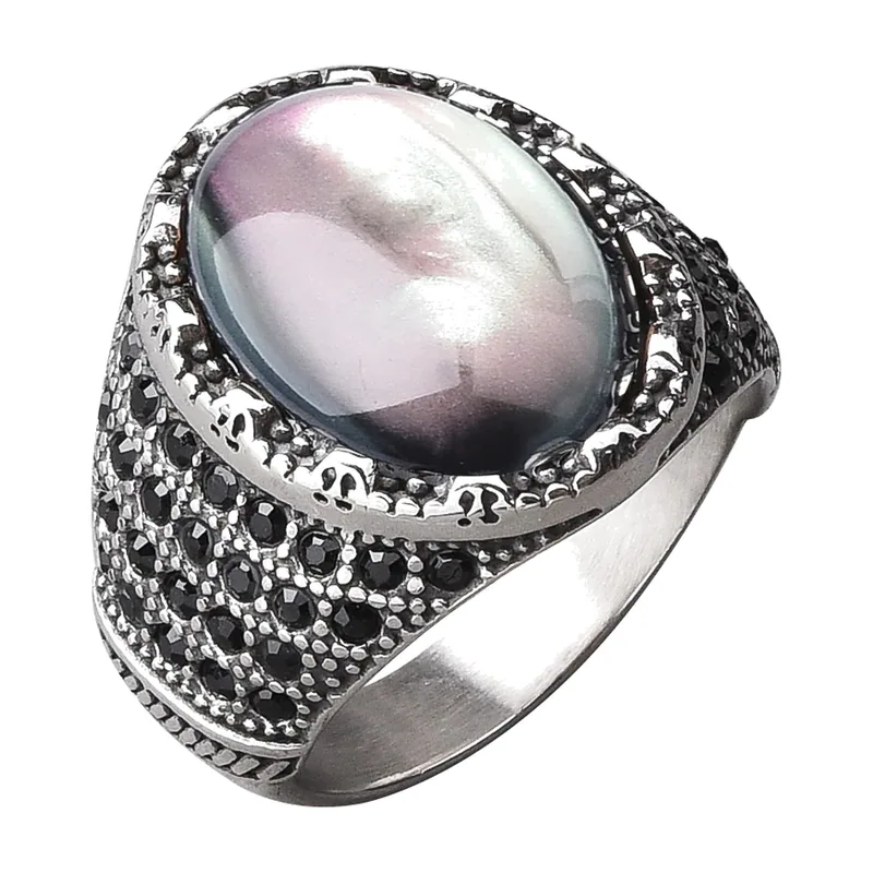Anello Sigillo con Pietra Onyx Nera e Viola, Acciaio Inossidabile