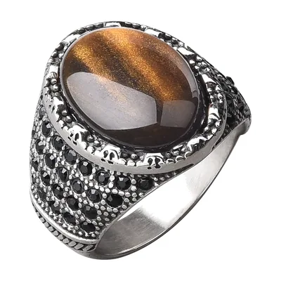 Herren Siegelring mit braunem Onyx und schwarzen Zirkonia, Edelstahl