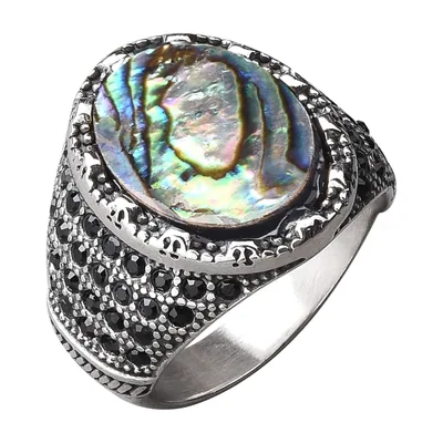 Herren Siegelring mit Abalone und schwarzen Zirkonia, Edelstahl