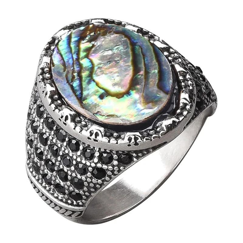 Anello Sigillo Ovale con Abalone e Zirconi Neri, Acciaio Inossidabile