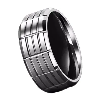 Anillo de Bandas Ranuradas con Detalles Negros, Acero Inoxidable