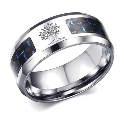Yggdrasil Lebensbaum Ring mit Carbon-Inlays, Edelstahl