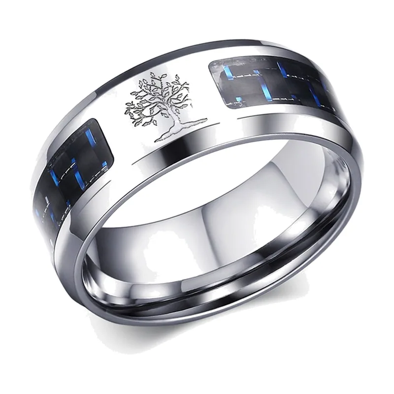 Yggdrasil Lebensbaum Ring mit Carbon-Inlays, Edelstahl