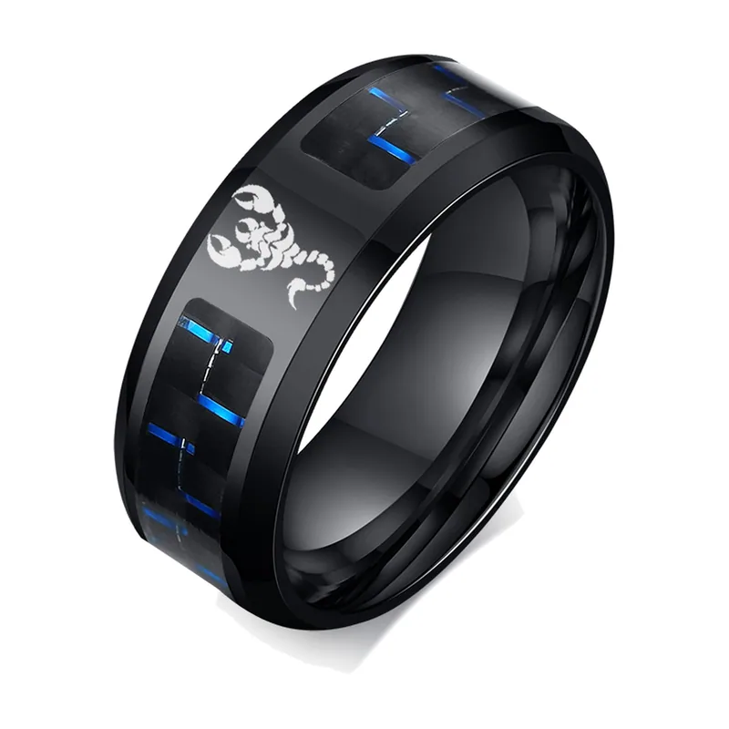 Anello con Incisione Scorpione e Dettagli Blu, Acciaio Inossidabile