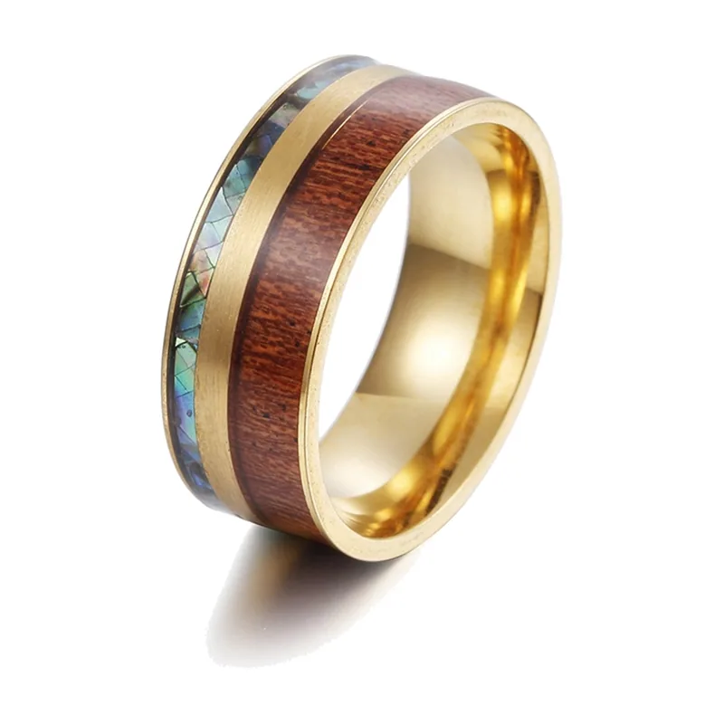 Bague avec incrustations de nacre d'ormeau et bois de Koa, Acier Inoxydable