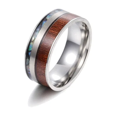 Herrenring mit Abalone-Muschel und Koa-Holz Inlay, Edelstahl