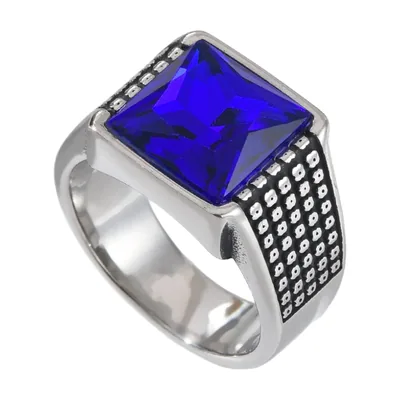 Anello Sigillo Quadrato con Pietra Onice Blu, Acciaio Inox