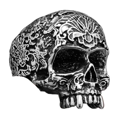 Bague Crâne sculpté avec motifs floraux, Acier Inoxydable