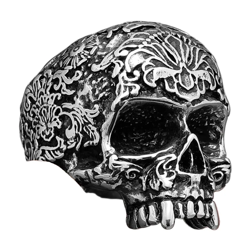Carved Skull Ring with Floral Patterns, Stainless Steel
