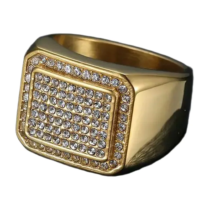 Anillo Sello Rectangular con Circonitas Transparentes, Acero Inoxidable