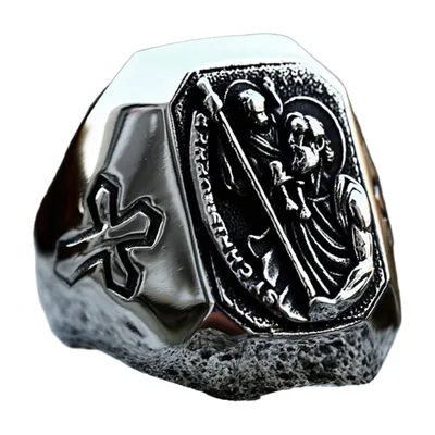 Anillo Sello Religioso con Santo y Cruz, Acero Inoxidable
