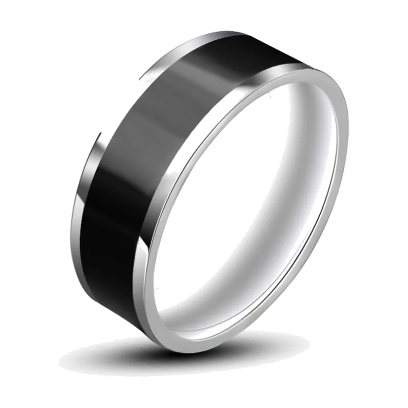 Band Ring with Black Enamel Inlay, Stainless Steel