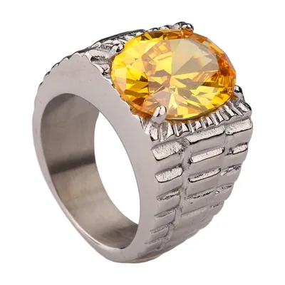 Anello Sigillo Ovale con Zirconia Gialla, Acciaio Inossidabile