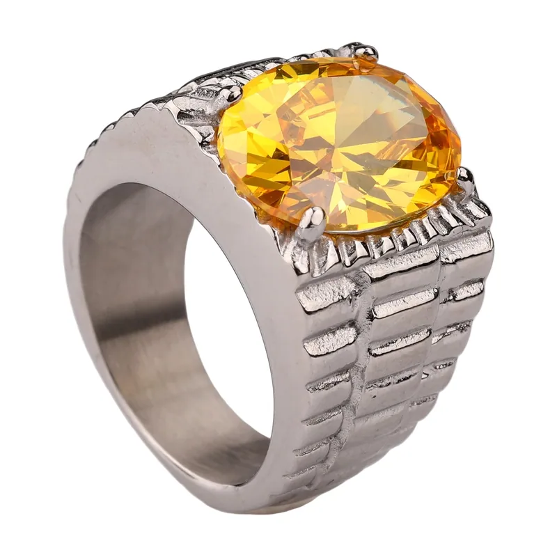 Chevalière Ovale avec Zircone Jaune, Acier Inoxydable