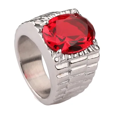 Anello Sigillo con Zircone Rosso, Acciaio Inossidabile