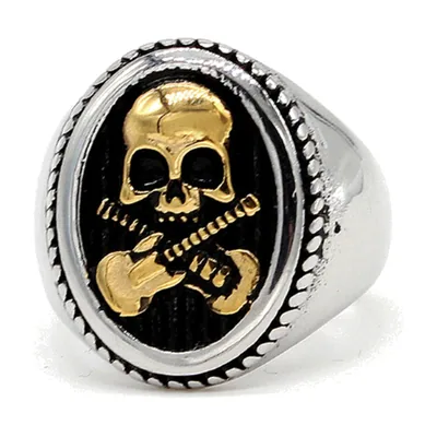Anillo Sello de Calavera y Guitarras, Acero Inoxidable