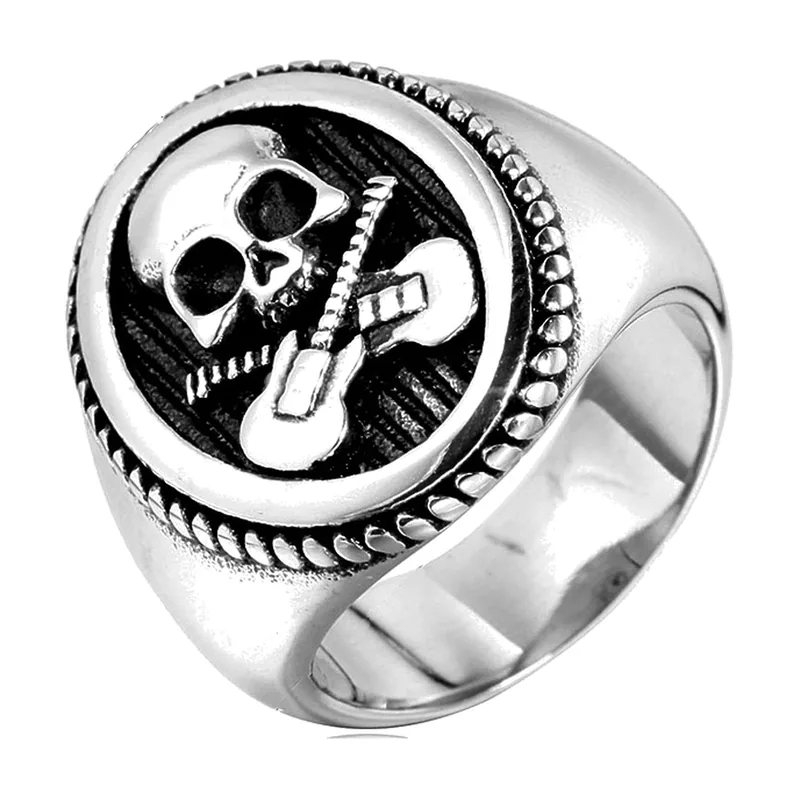 Anello Sigillo con Teschio e Chitarra, Acciaio Inossidabile
