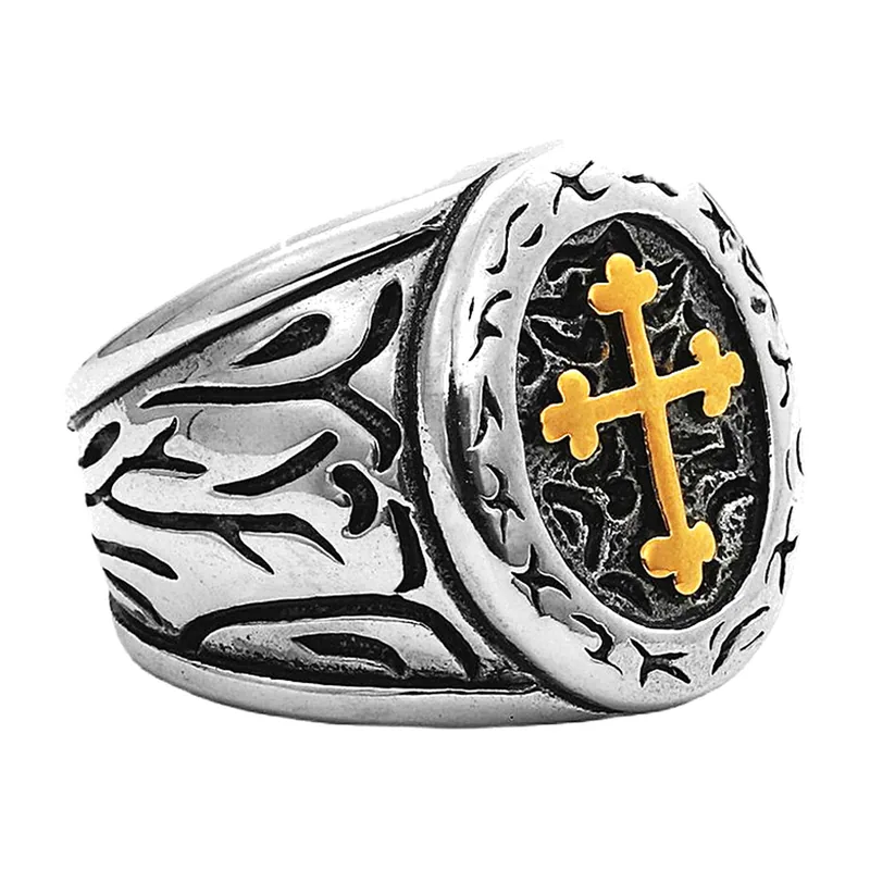 Anello Sigillo Croce di Lorena, Acciaio Inossidabile 316L