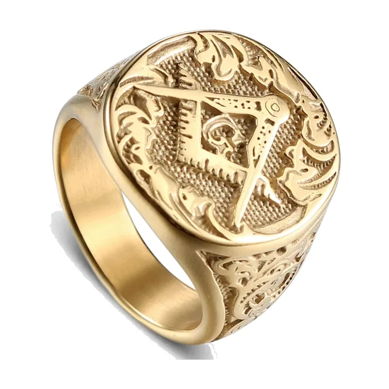Anello Sigillo Massonico Squadra e Compasso, Acciaio Inossidabile Oro