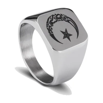Anillo Sello con Luna Creciente y Estrella, Acero Inoxidable