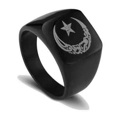 Square Signet Ring with Crescent Moon and Star, Stainless Steel
