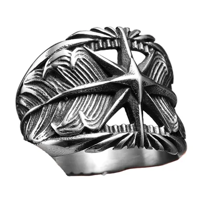 Octagram Ring with Feather Details, 316L Stainless Steel