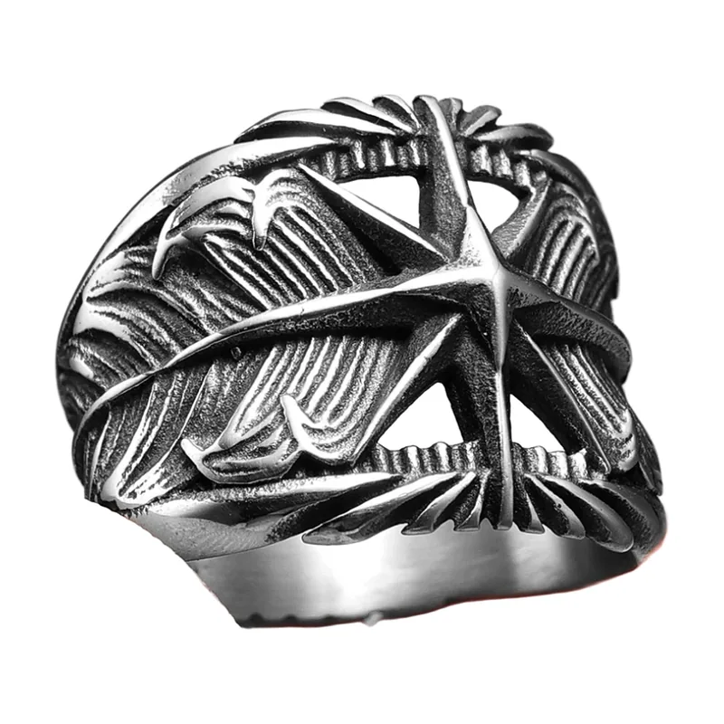 Anillo de Octagrama con Plumas, Acero Inoxidable 316L