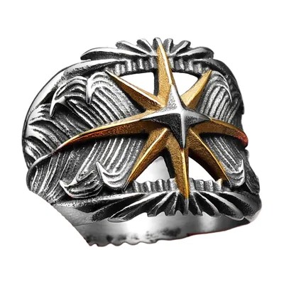 Octagram Star Ring with Gold Tone Detail, Stainless Steel